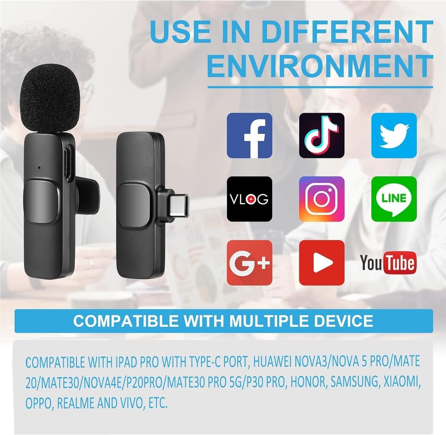 Two microphones with compatibility icons for various platforms on a blurred background.