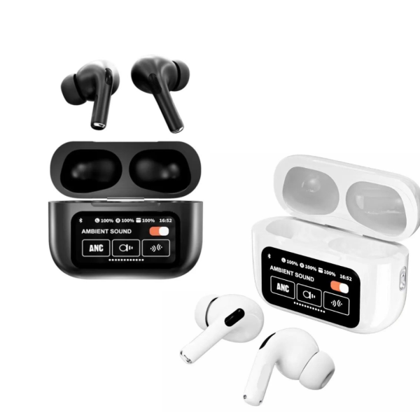 Wireless earbuds with charging case on a white background