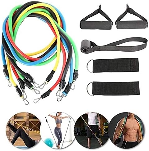 Set of resistance bands and attachments with lifestyle images on a white background