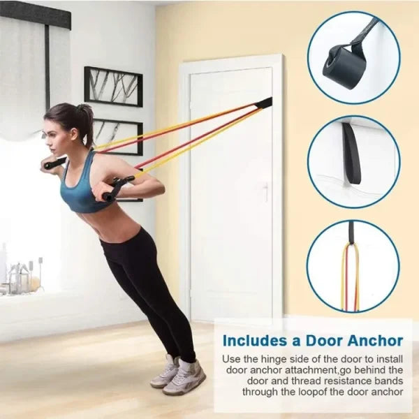 Woman exercising with resistance bands in a home setting, featuring door anchor attachment.