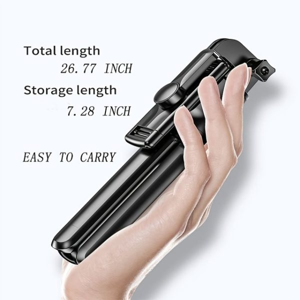 Black handheld device being held in a hand with text indicating total and storage lengths, and ease of carrying.