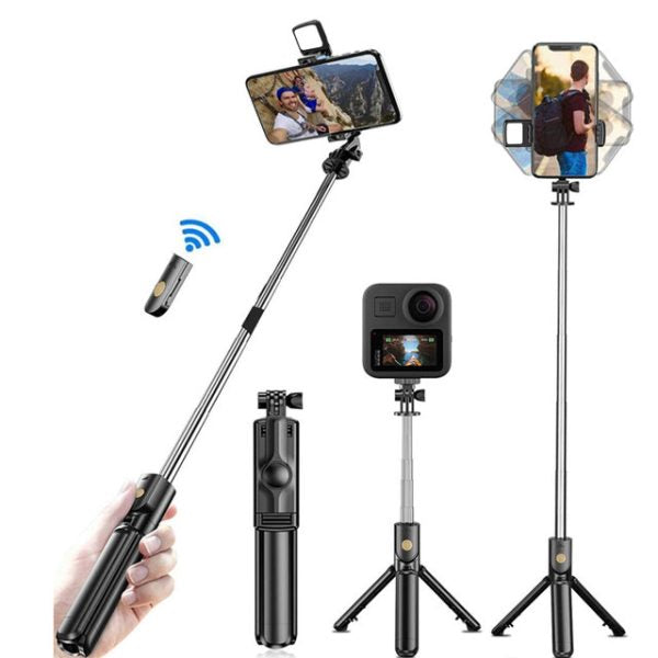 Multi-functional camera and phone holder with tripod and remote control on a white background