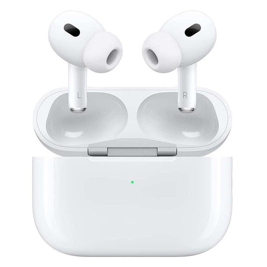 White wireless earbuds with charging case on a white background