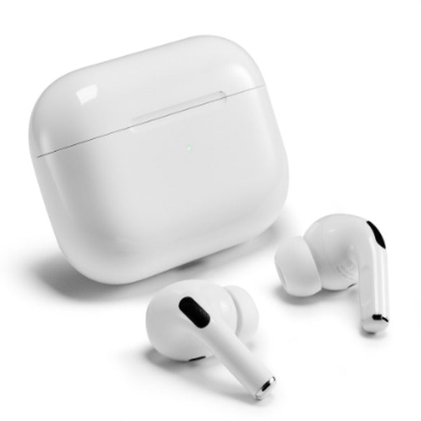 White wireless earbuds with charging case on a white background