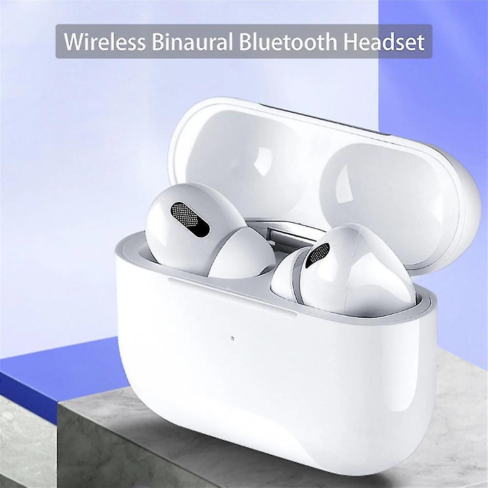 Wireless binaural Bluetooth headset with charging case on a light background