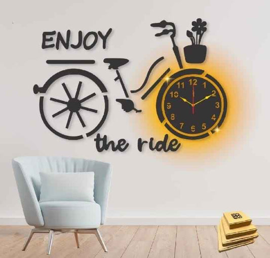 Enjoy The Ride Bicycle Style Wooden Clock with Light | 3D Wall Art