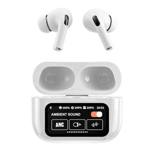 Wireless earbuds with charging case on a white background