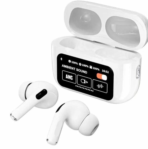 White wireless earbuds with charging case on a white background