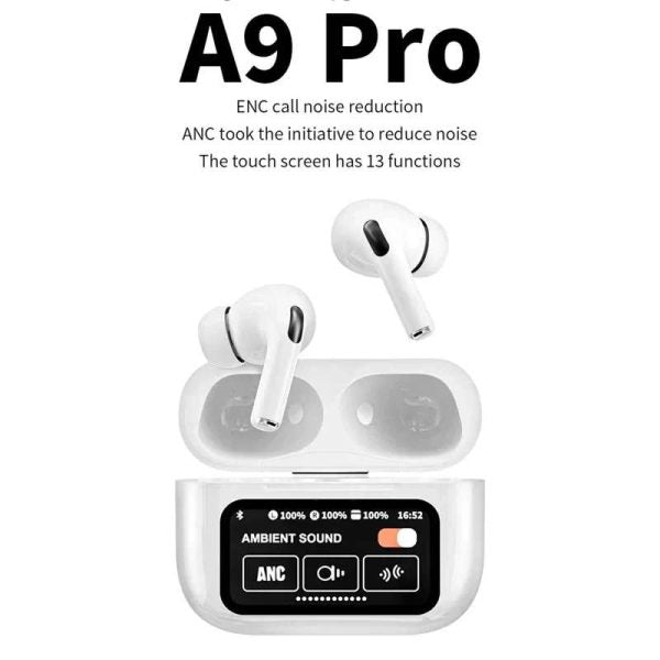 White wireless earbuds with charging case on a white background, featuring text about noise reduction and touch screen functions.