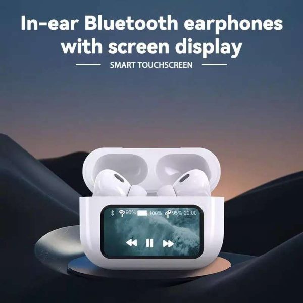 In-ear Bluetooth earphones with screen display on a dark background