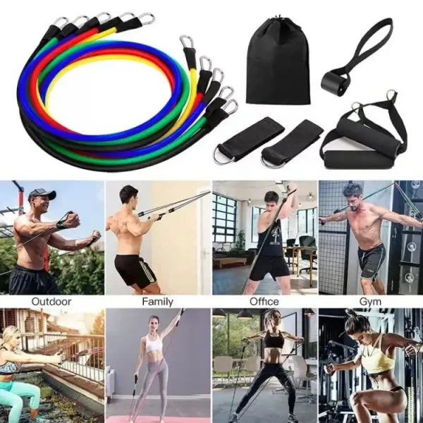 Resistance bands set with various uses including outdoor, family, office, and gym activities.