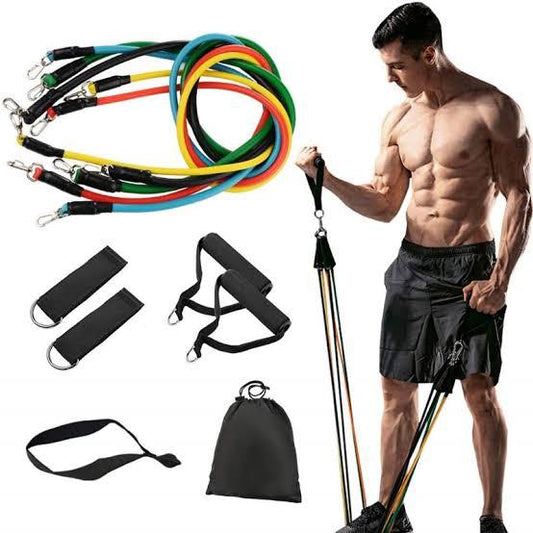 Man holding resistance bands and exercise equipment with colorful bands displayed above him.