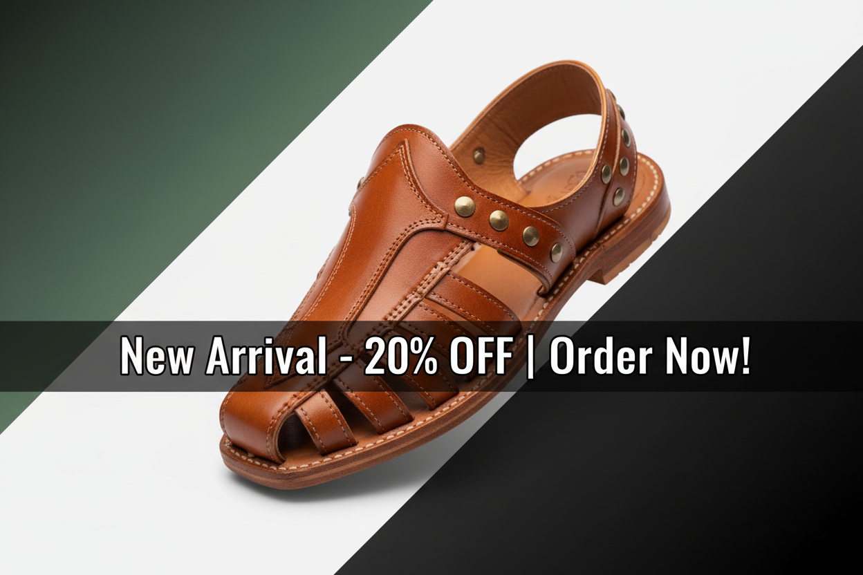 "Create a modern, stylish Shopify banner for a Peshawari Chappal store. Feature a new arrival premium Peshawari Chappal in the center, emphasizing a 20% discount. Include bold, readable text: 'New Arrival – 20% OFF | Order Now!'. Use clean, minimal design with high-quality visuals, warm natural colors, and subtle shadows to make the chappal stand out. Brand colors: green and black. Banner should look professional, eye-catching, and perfect for Shopify homepage promotion."