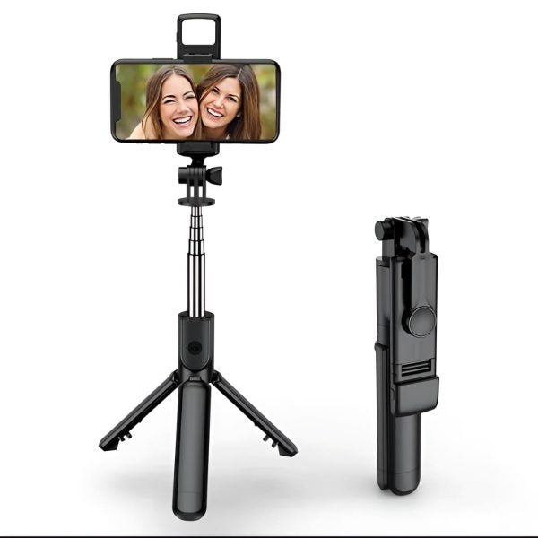 Black selfie stick with smartphone holder on a white background